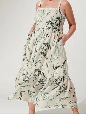 Banana Republic Maxi Dress with Green and Black Botanical Leaf Print Large Tall